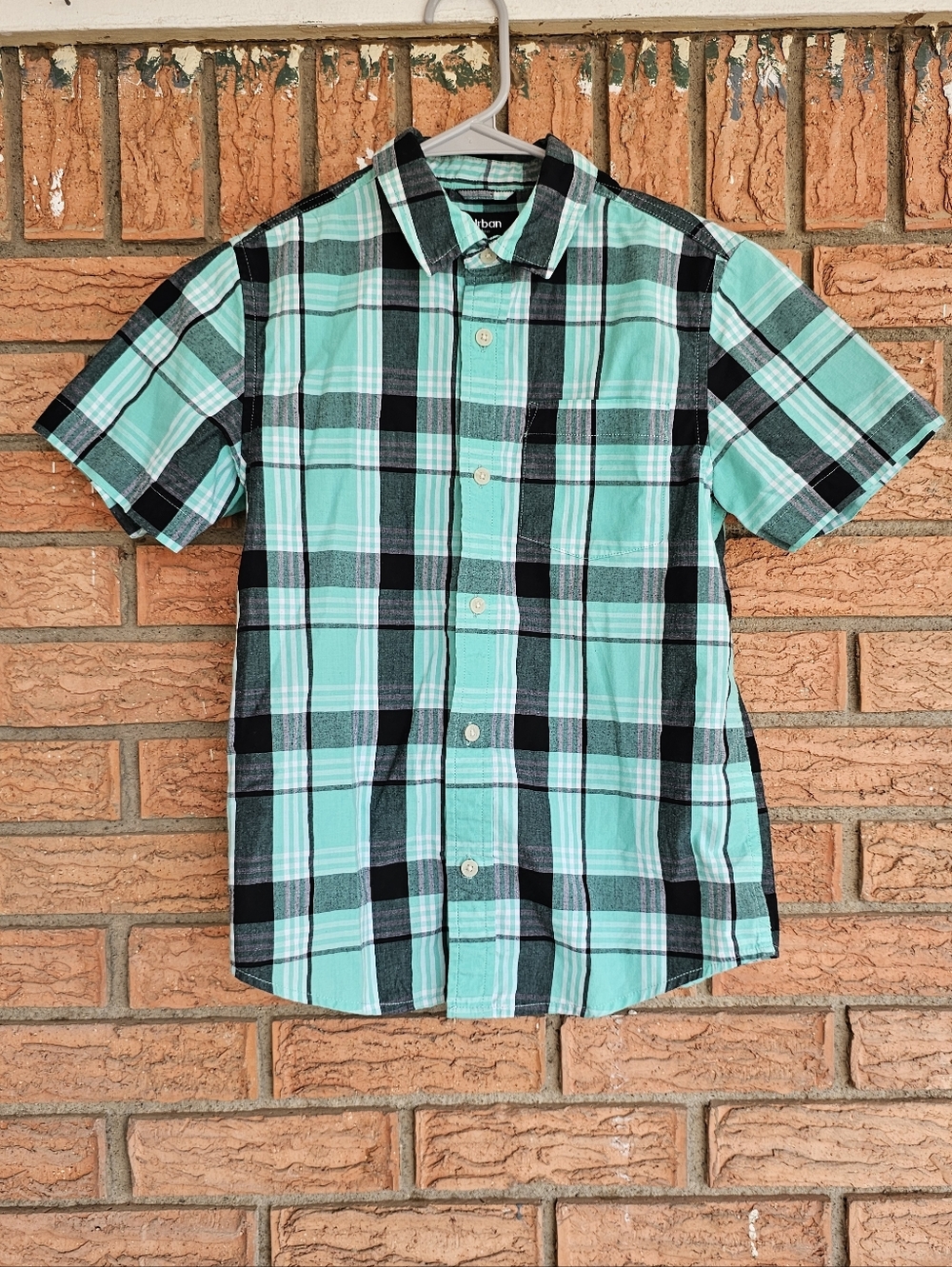 Urban Pipeline Short-Sleeve Plaid Button-Up Shirt-Mint Green/Black Size Boy(M)